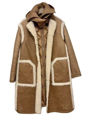 Moncler Tan Shearling Trench Coat with Cream Trim